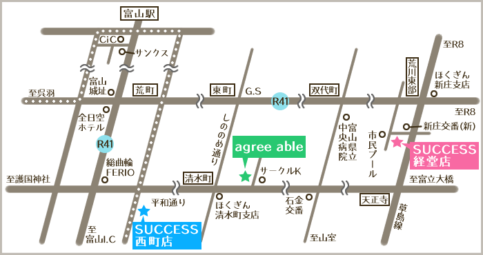 サクセス　経堂店、西町店、aggre able (アグリエーブル)のマップです。